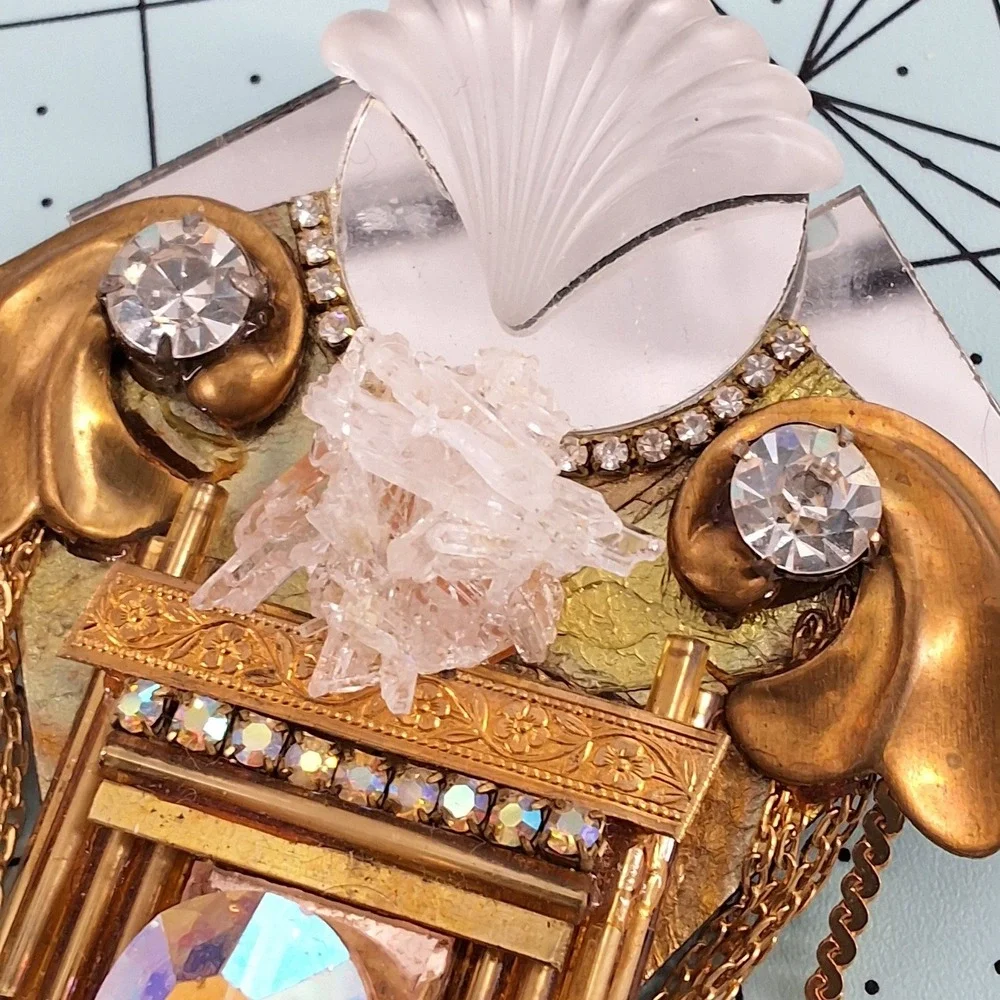 Art Deco Revival Assemblage Brooch - Quartz Crystal Shell & Draped Chain‎ Gold